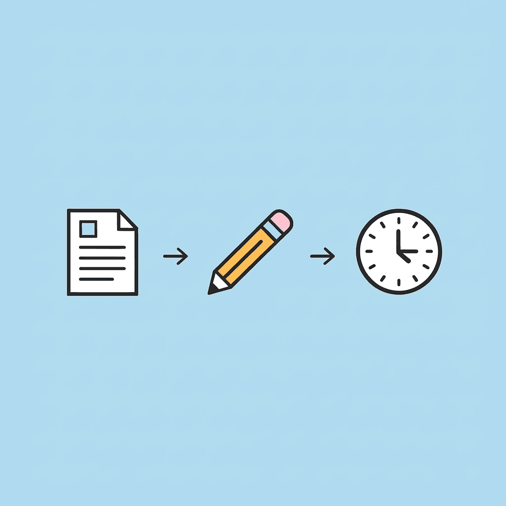 Three-step process showing documents leading to manual copying, which consumes time that could be used for strategic work
