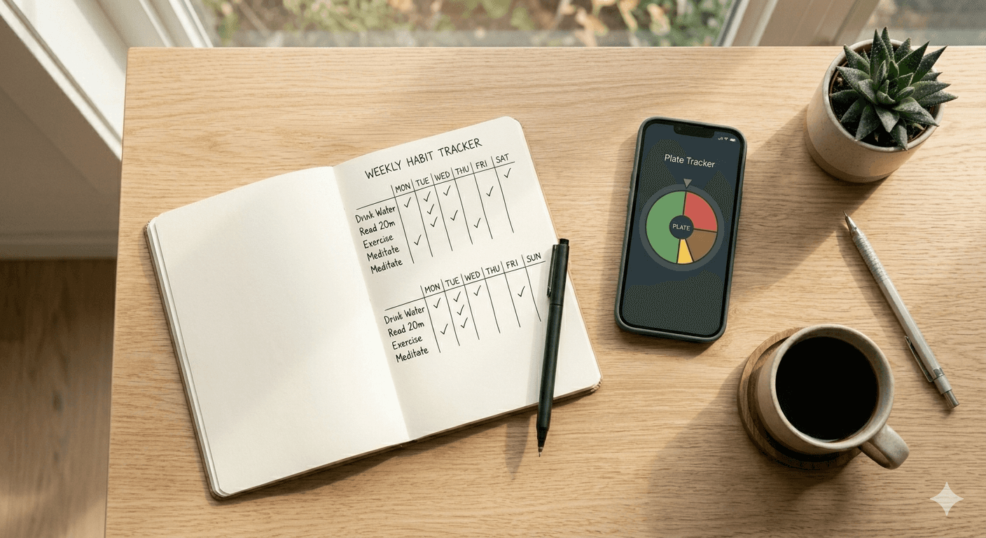Habit tracker notebook and phone with plate-based eating app — building eating habits without calorie counting