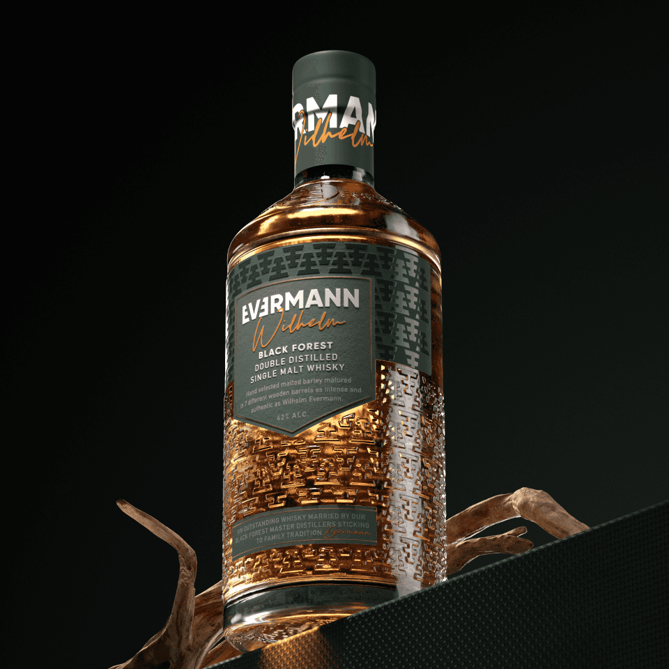 Evermann Detailansicht – Whiskyflasche mit Etikett-Closeup