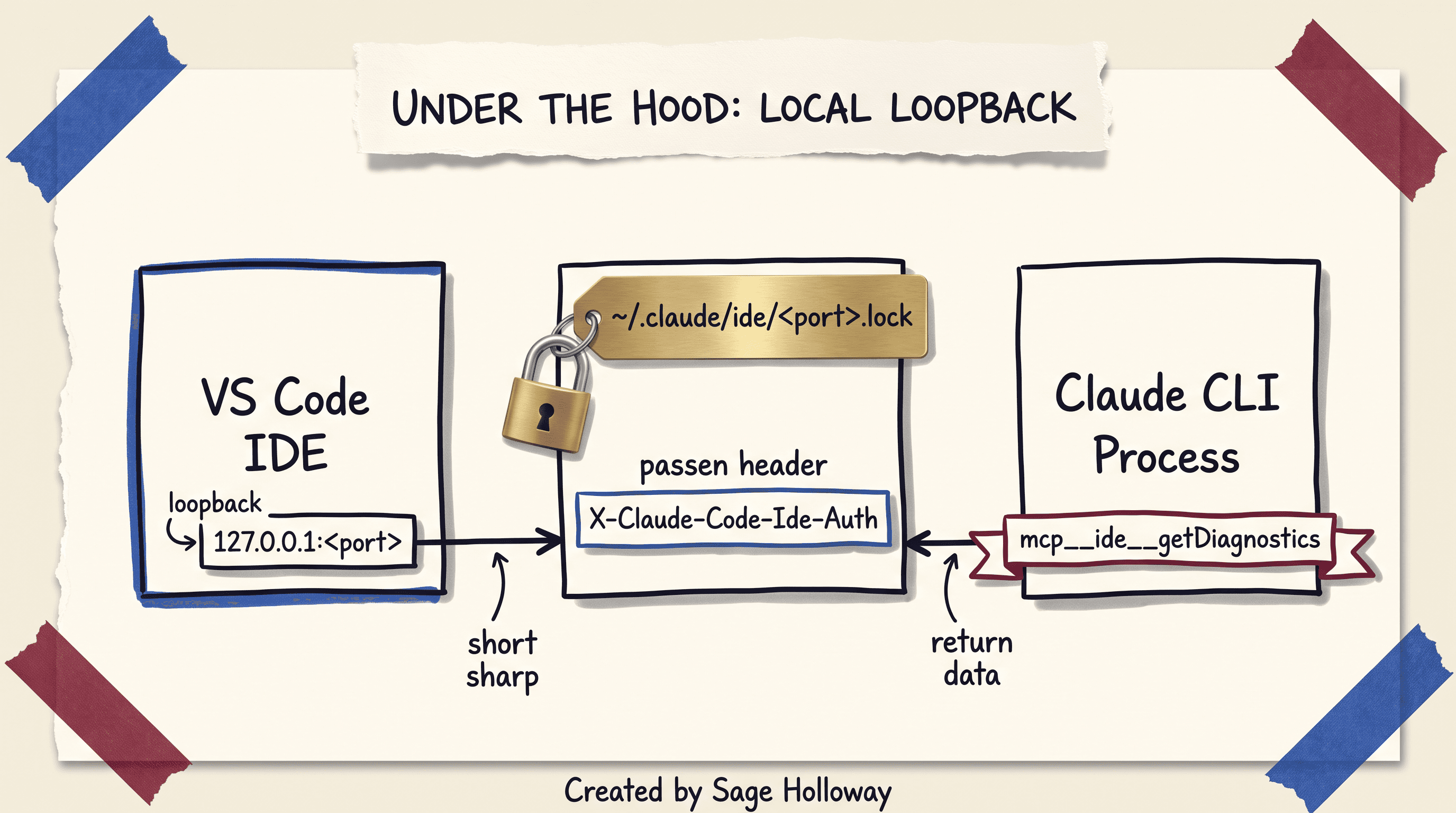 Scrapbook architectural diagram of Claude Code local loopback WebSocket transport in VS Code