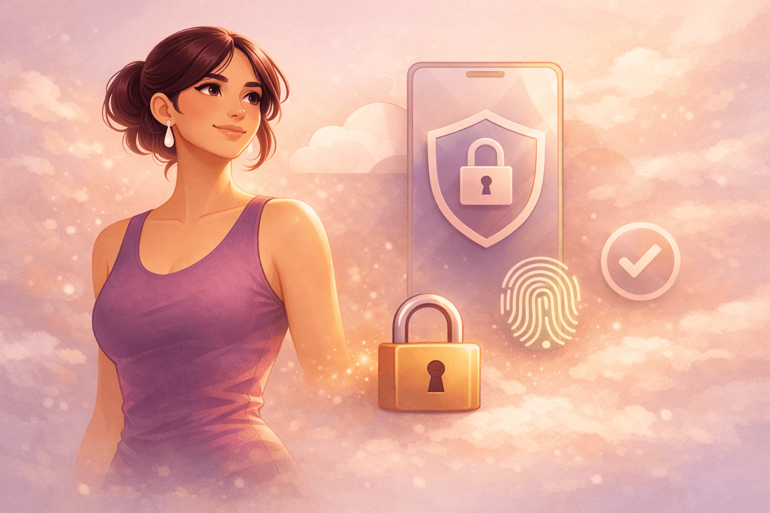 Calm editorial illustration of the IKnowMyBody female mascot in a plum top, standing confidently against a soft blush sky. Beside her are simple privacy symbols—a phone with a lock shield, a padlock, a fingerprint, and a check mark—representing secure, on-device data protection.