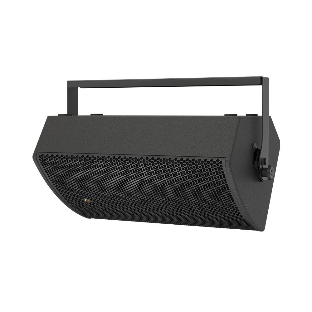 Black speaker with mounting bracket and hexagonal grille