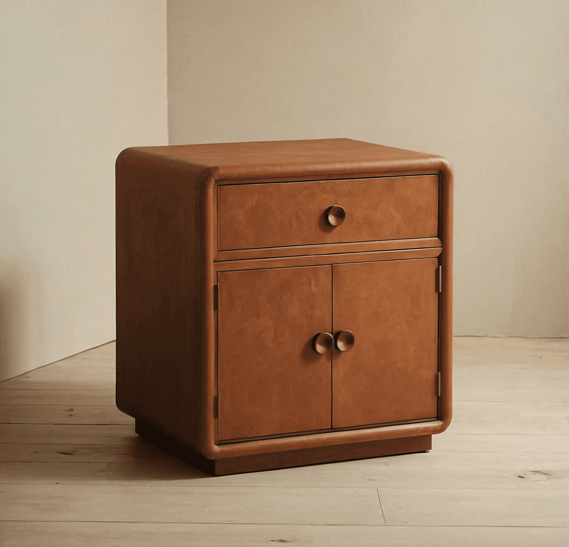 Stylish caramel-brown wooden nightstand with rounded edges, a drawer, and a cabinet. Perfect for minimalist and modern interiors.