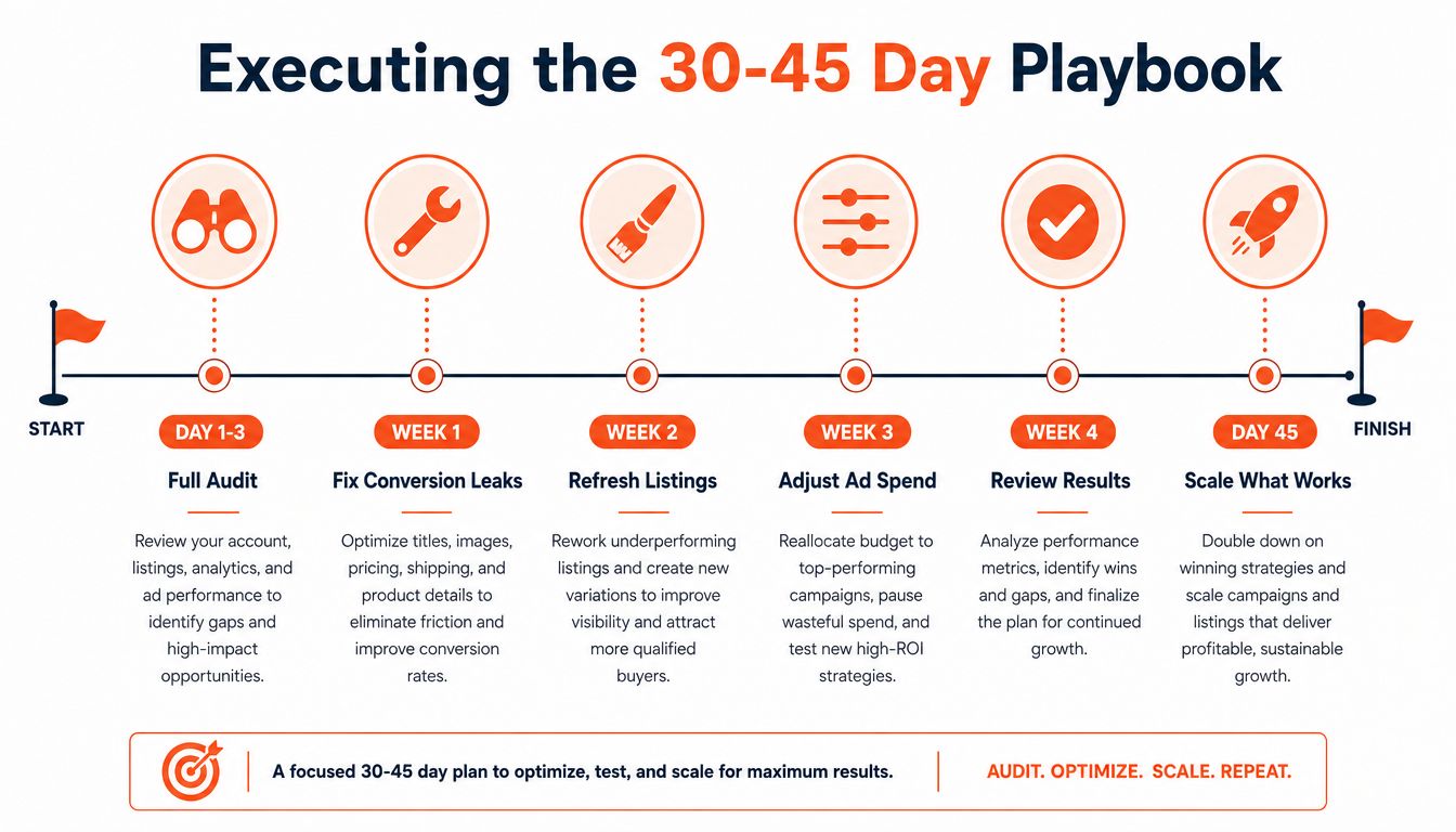 A 30-45 day business playbook timeline illustrating steps to audit, optimize, and scale e-commerce growth strategies effectively.
