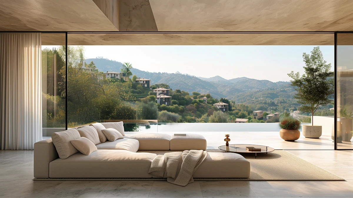 Luxurious open-air terrace with comfortable seating overlooking a scenic valley view.