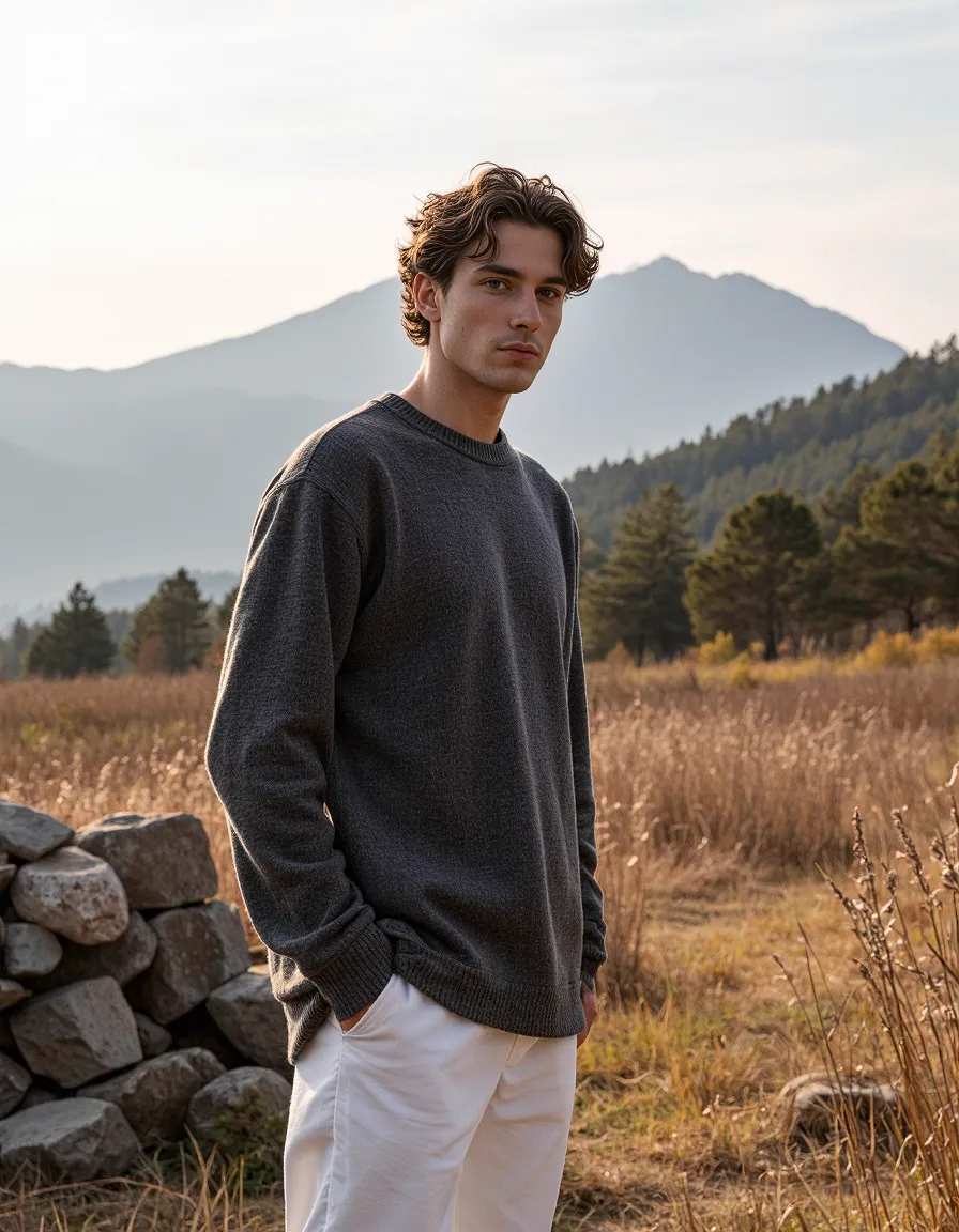 Portrait in mountain landscape featuring dark sweater and light pants against autumn meadow with mountain silhouette in background