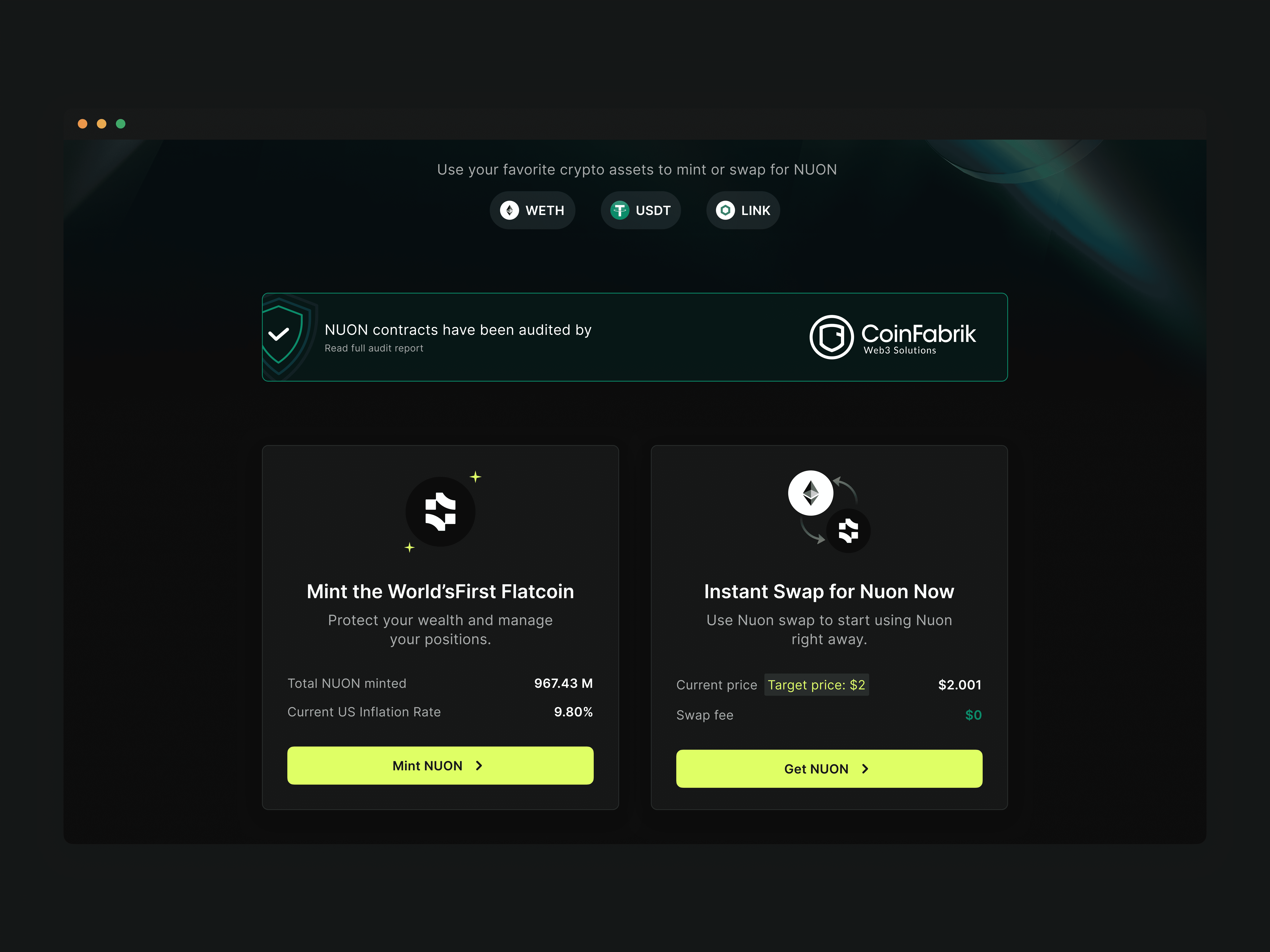 Nuon landing page showing options to mint flatcoin with current inflation rate or instantly swap using supported assets like WETH, USDT, and LINK.