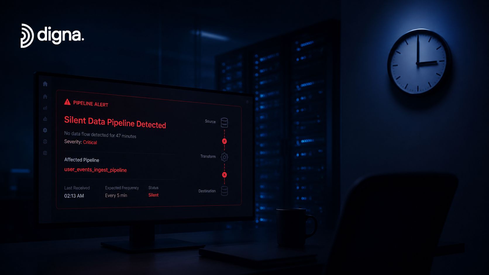 A computer screen showing a critical alert about a silent data pipeline in a dim server room.
