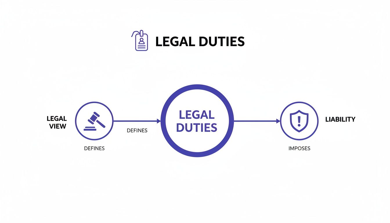 A flowchart illustrates how Legal View defines Legal Duties, which in turn imposes Liability.