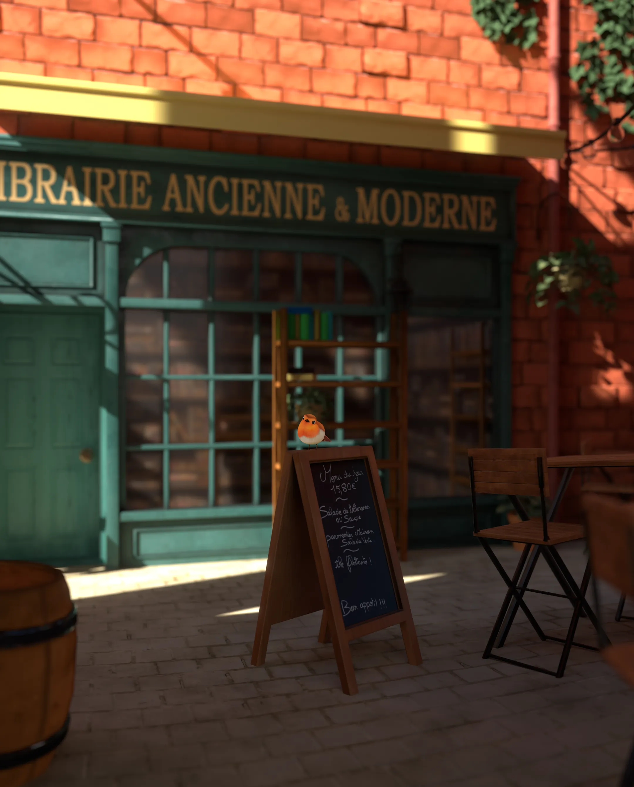 Rendu 3D d'une scène de rue avec une librairie d'époque, une façade verte et un panneau indiquant "LIBRAIRIE ANCIENNE & MODERNE".