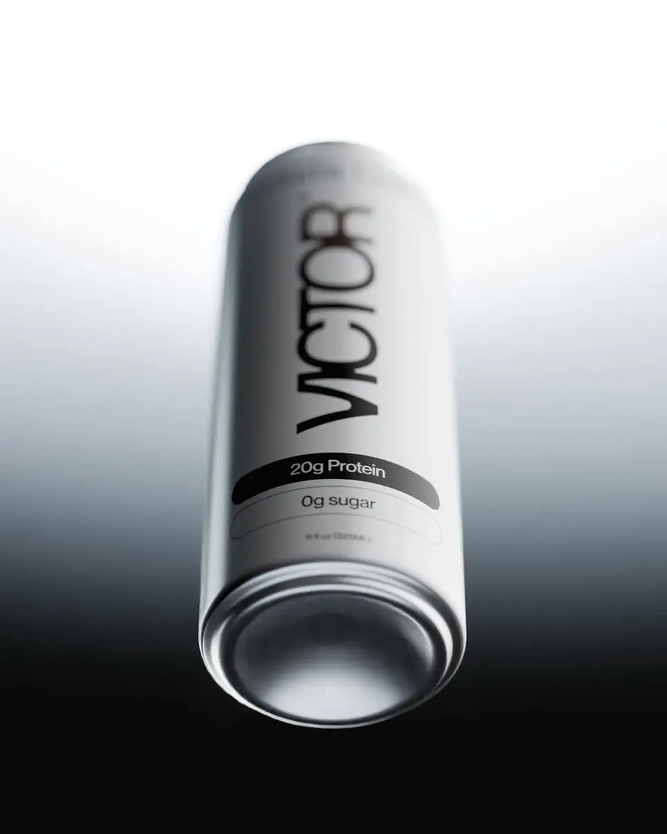 VICTOR's can of coffee showcase against a gradient background.