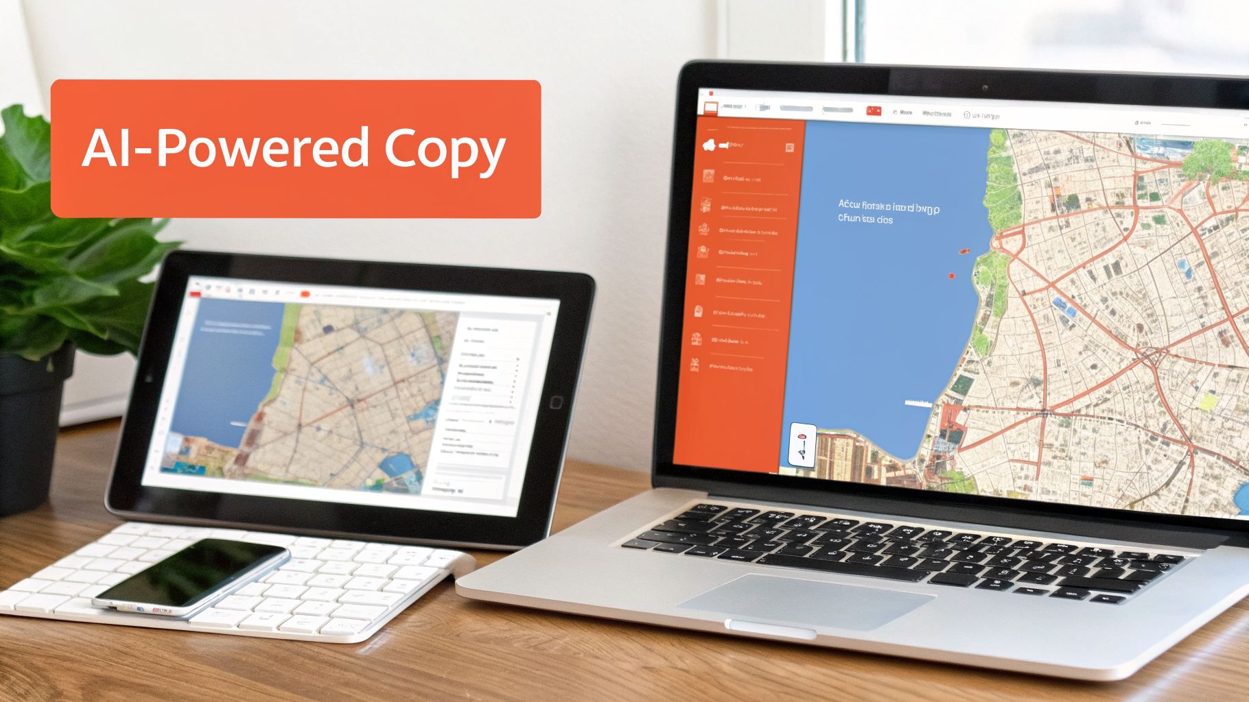 A laptop and tablet displaying maps on a wooden desk with a phone, and a banner 