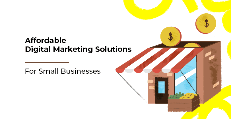 Affordable digital marketing solutions for small businesses featuring social media and email marketing icons.