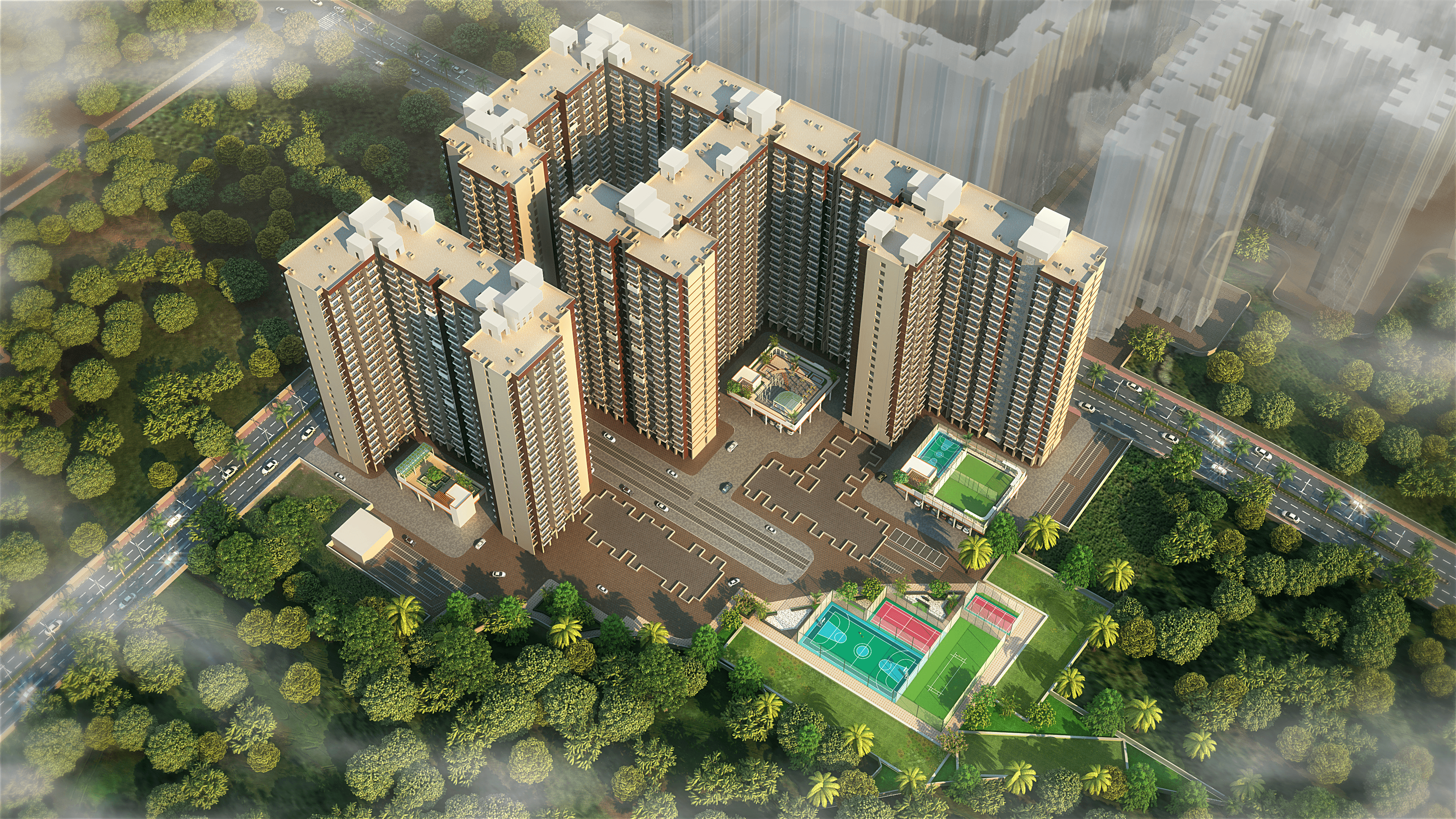 SKYZ CITY integrated township aerial view with apartments and amenities on NH-4 — township properties in Hubli Dharwad by UK Ventures