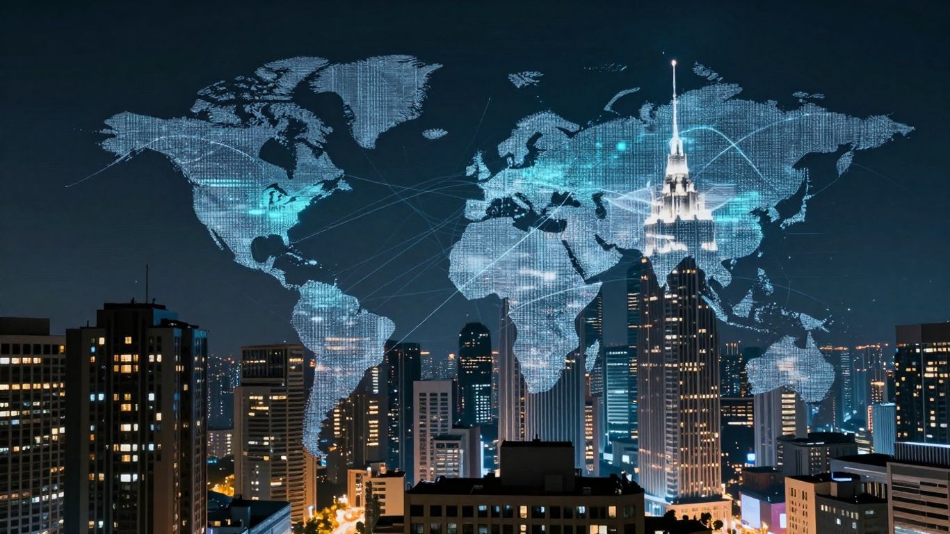 Futuristic cityscape with glowing digital data streams connecting buildings.