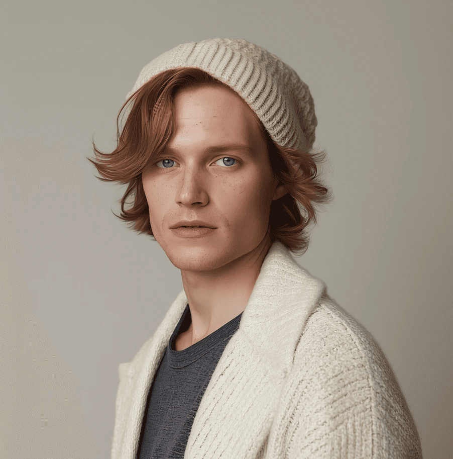 A person with wavy, shoulder-length hair wears a cream beanie and a matching thick-knit sweater over a gray shirt, giving a cozy, relaxed vibe.
