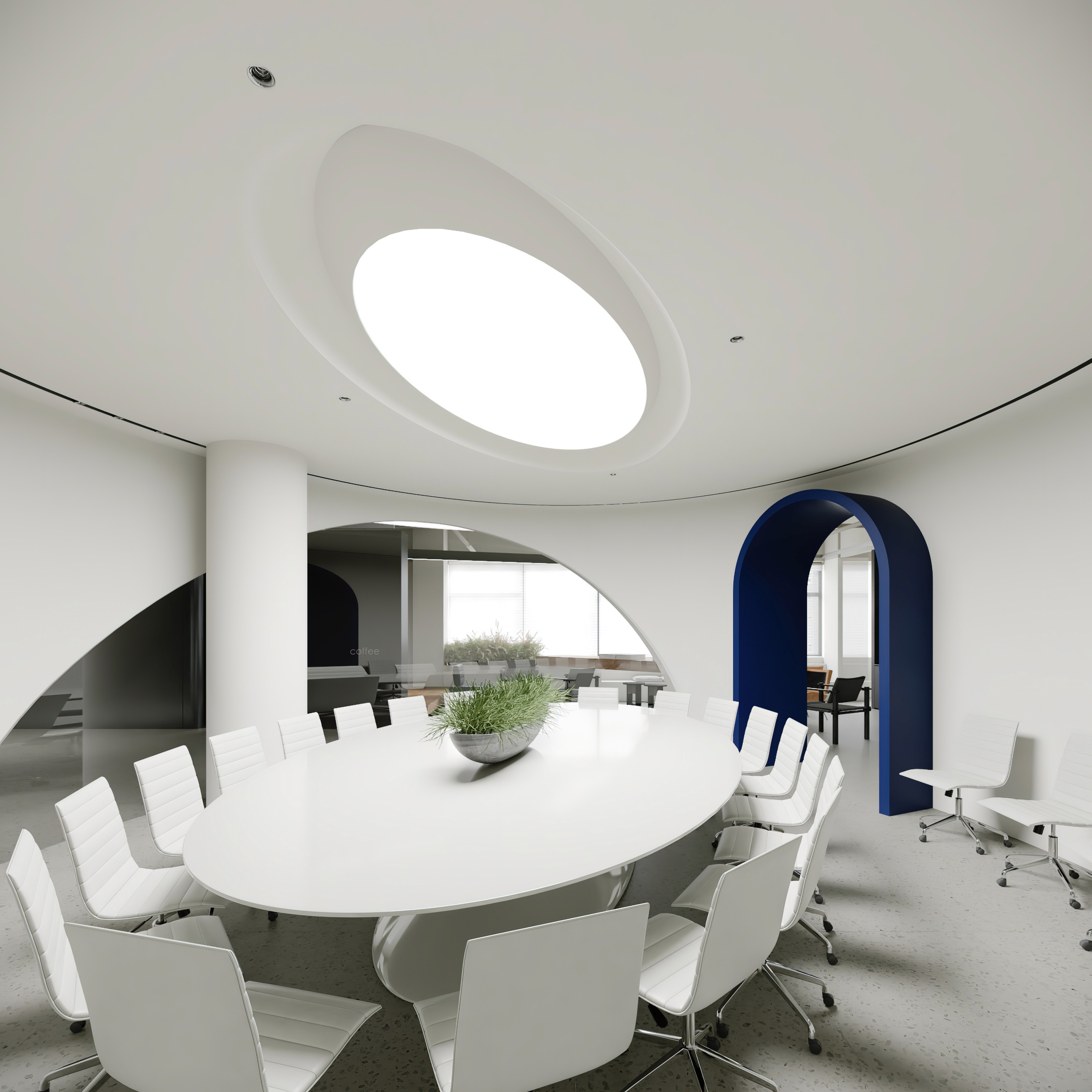 Professional office interior designer workspace showcasing ergonomic furniture and clean lines