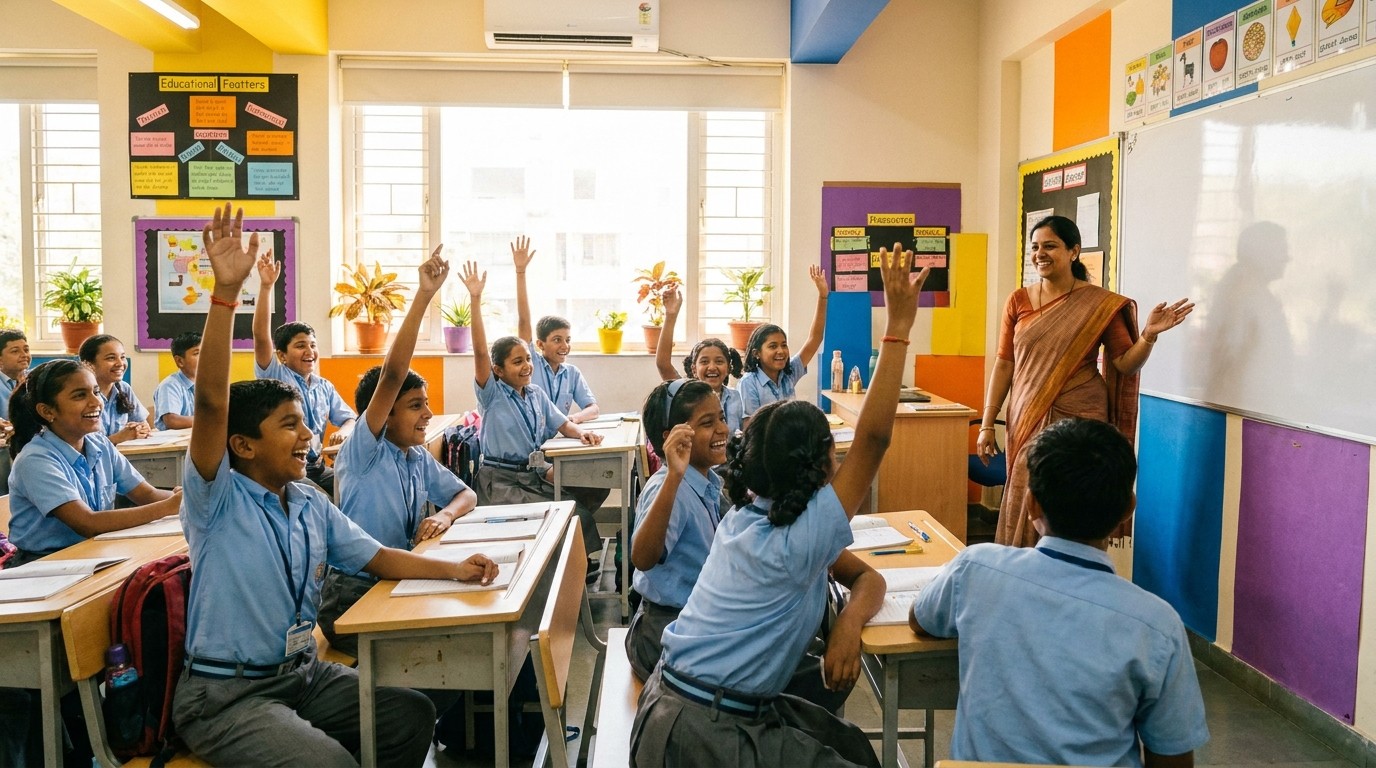 Happy schoolchildren in NCFE uniform raising their hands in a bright classroom