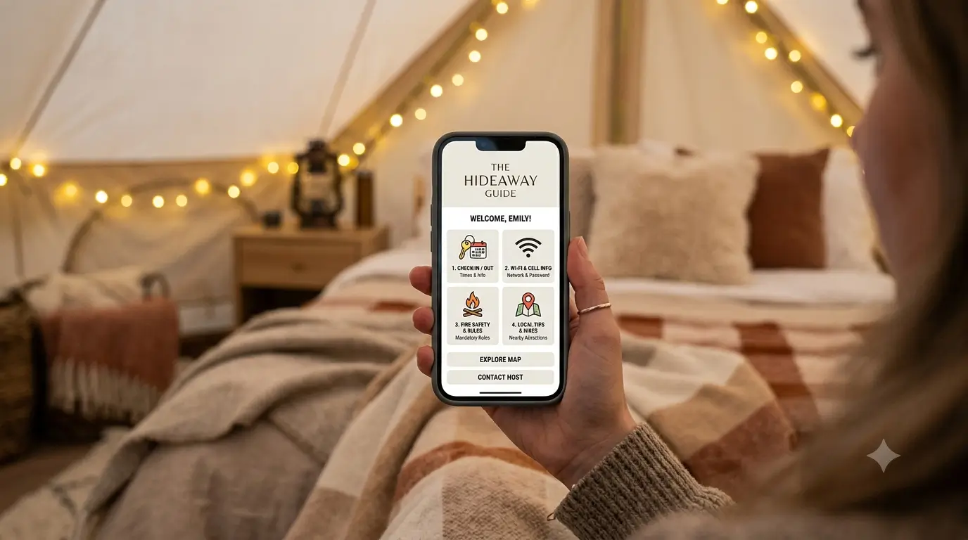 Smartphone showing a glamping guidebook with check-in, wifi, fire rules, and local tips