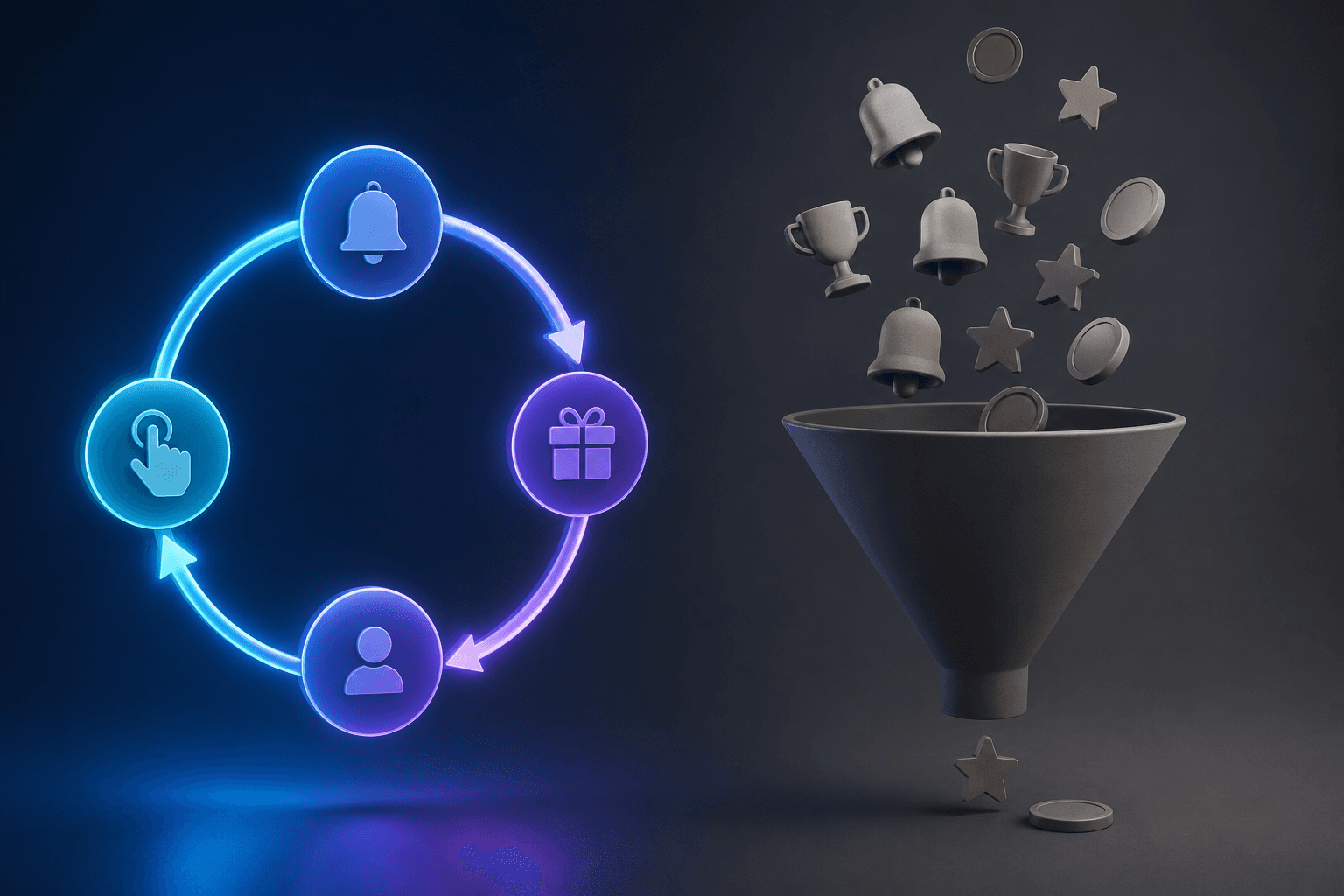Engagement loop showing interconnected user actions, rewards, and triggers contrasted with a funnel where engagement features gradually drop off.