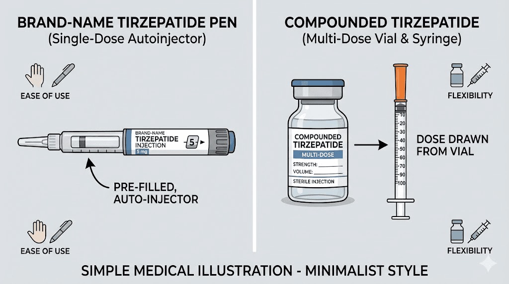 Brand-name tirzepatide pen versus compounded vial with syringe comparison