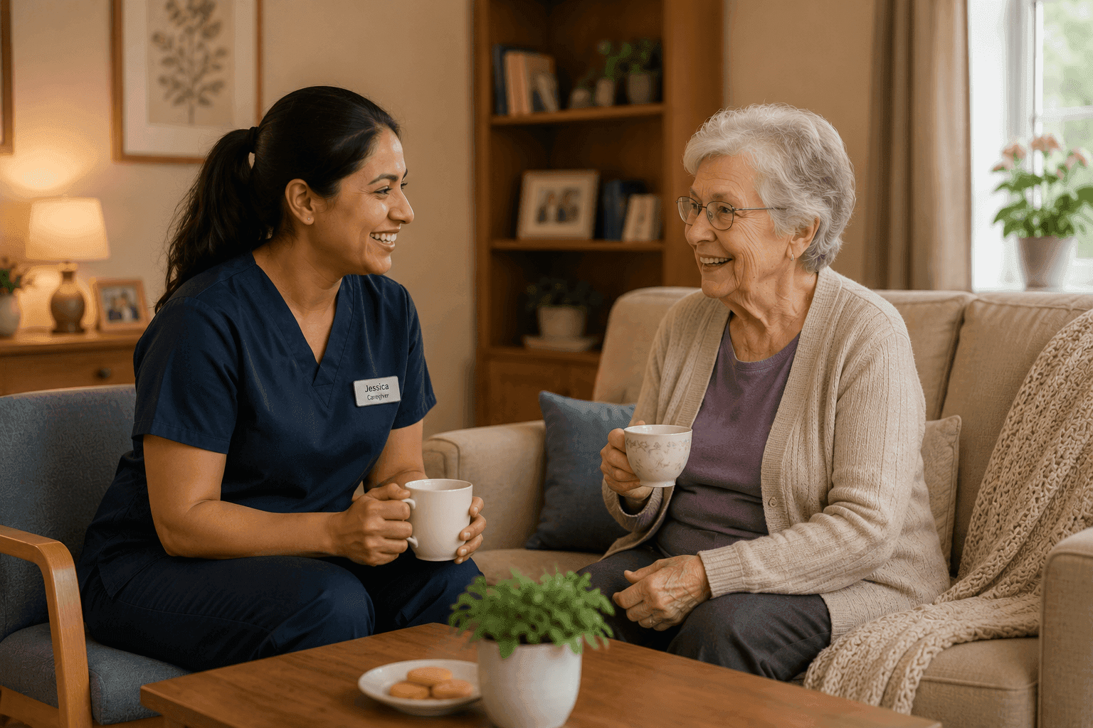 Caregiver and elderly client sharing a familiar daily moment together
