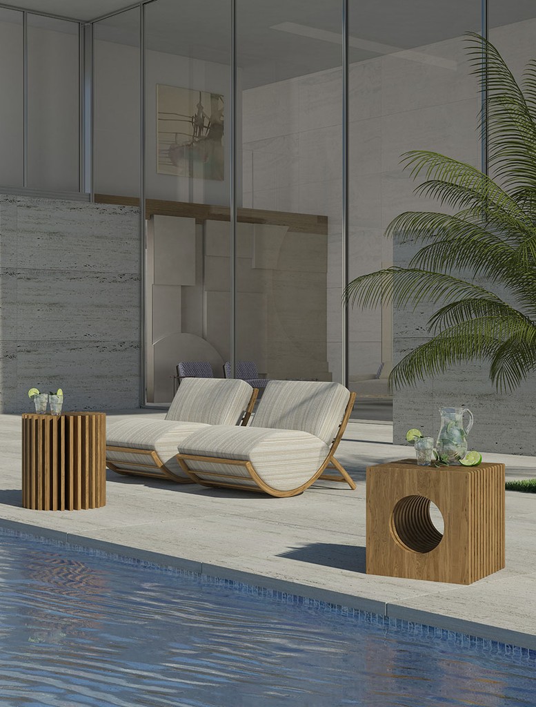 Outdoor furniture in front of a swimming pool