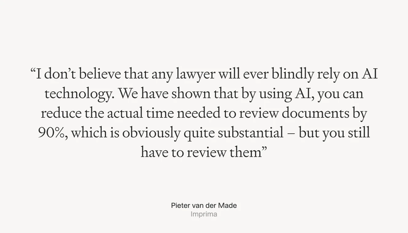 A quote by Pieter van der Made emphasizing AI's ability to reduce document review time by 90% while maintaining human oversight.