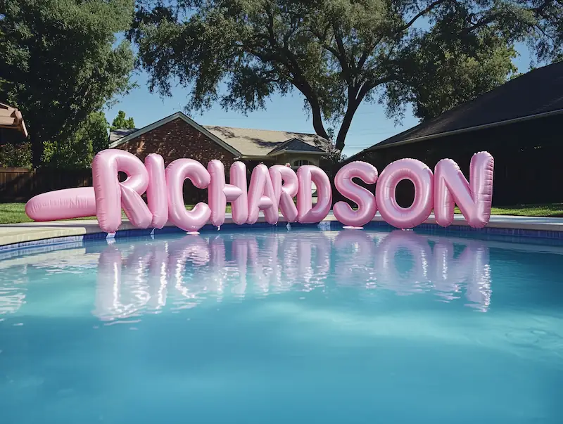 Richardson, TX backyard pool freshly cleaned. Floaring balloons on water.