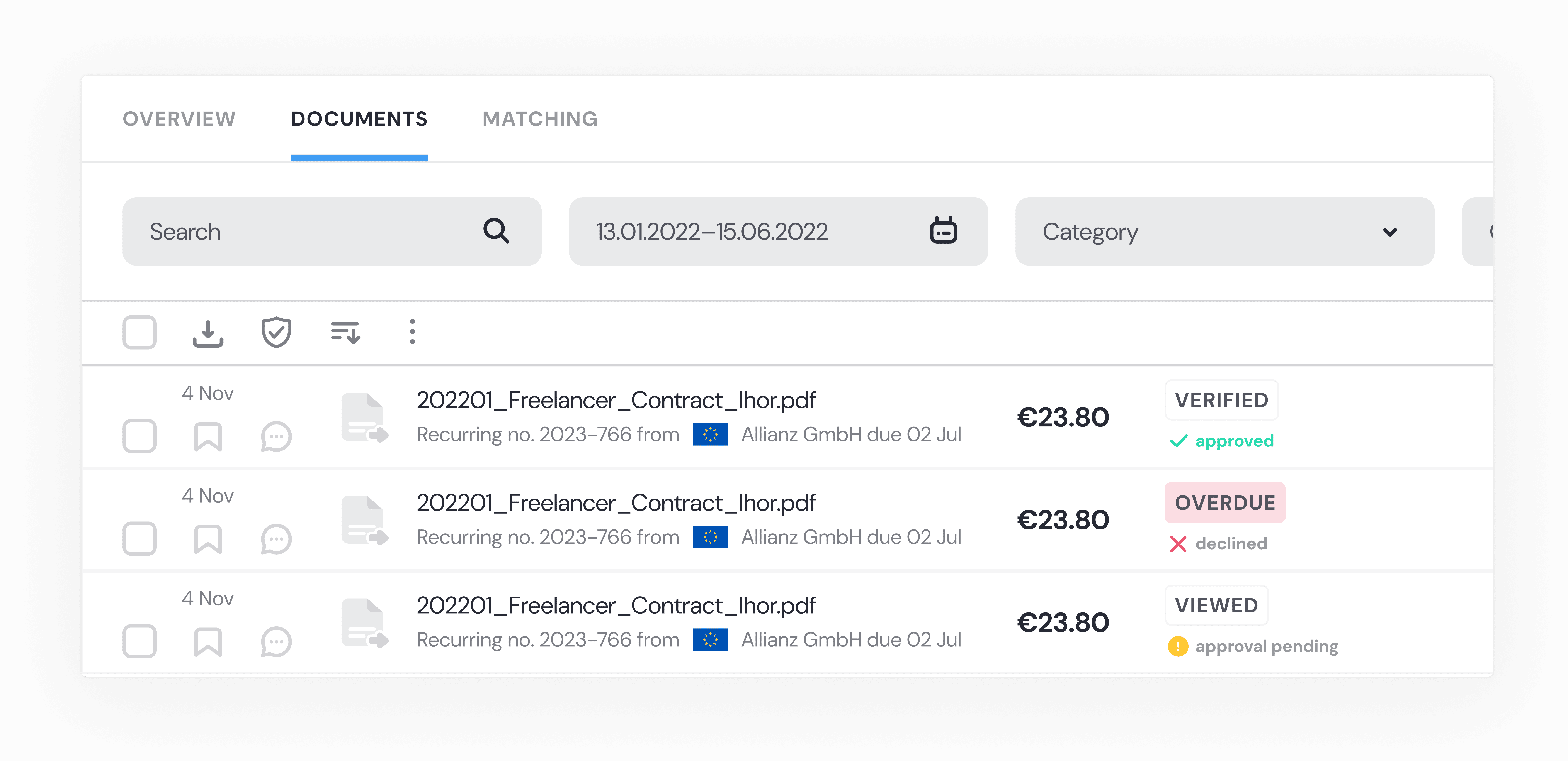 Before and after: separate Approvals tab with 4 status types consolidated into Documents tab with approval status as filter - Verified/approved, Overdue/declined, Viewed/approval pending