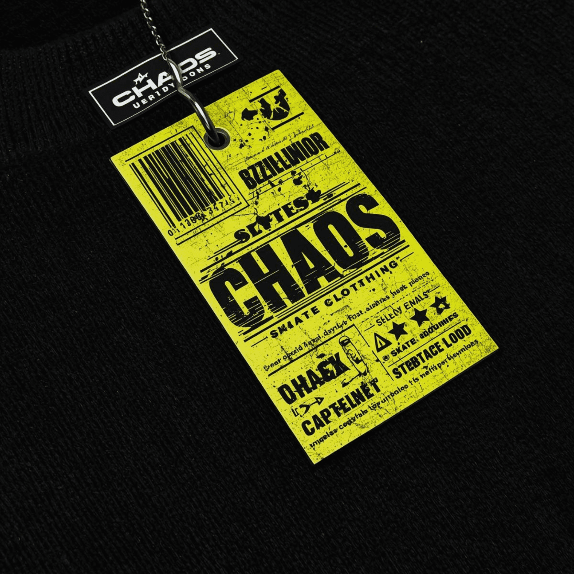 Branding de estilo urbano y streetwear para la marca de ropa 'Chaos'. Un primer plano de una etiqueta colgante amarilla con efecto desgastado, que presenta tipografía tipo stencil grunge, códigos de barras y gráficos industriales aplicada sobre una prenda negra.