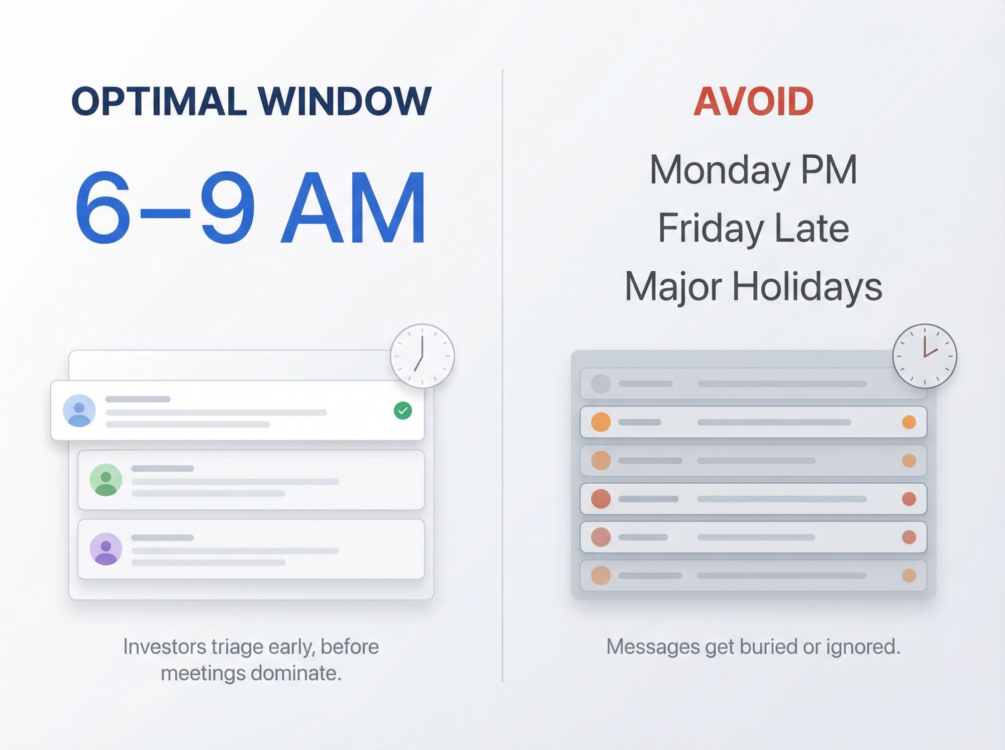 Dual-panel illustration comparing optimal 6-9 AM email timing window versus poor timing choices for investor outreach