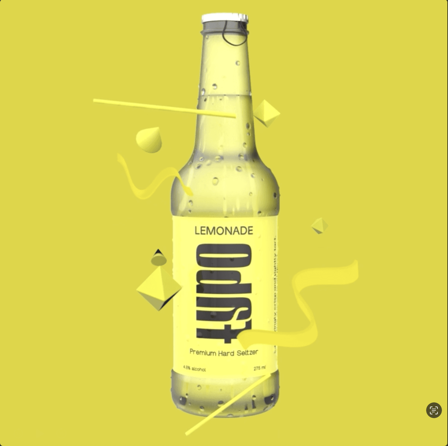 Glass bottle of Typo on bright yellow background with splash effects and droplets