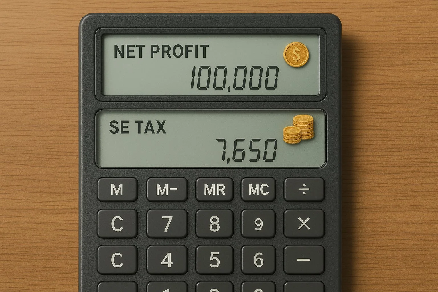 Realistic calculator interface displaying net profit, self-employment tax, and contribution percentage, with small coins visualizing financial results.