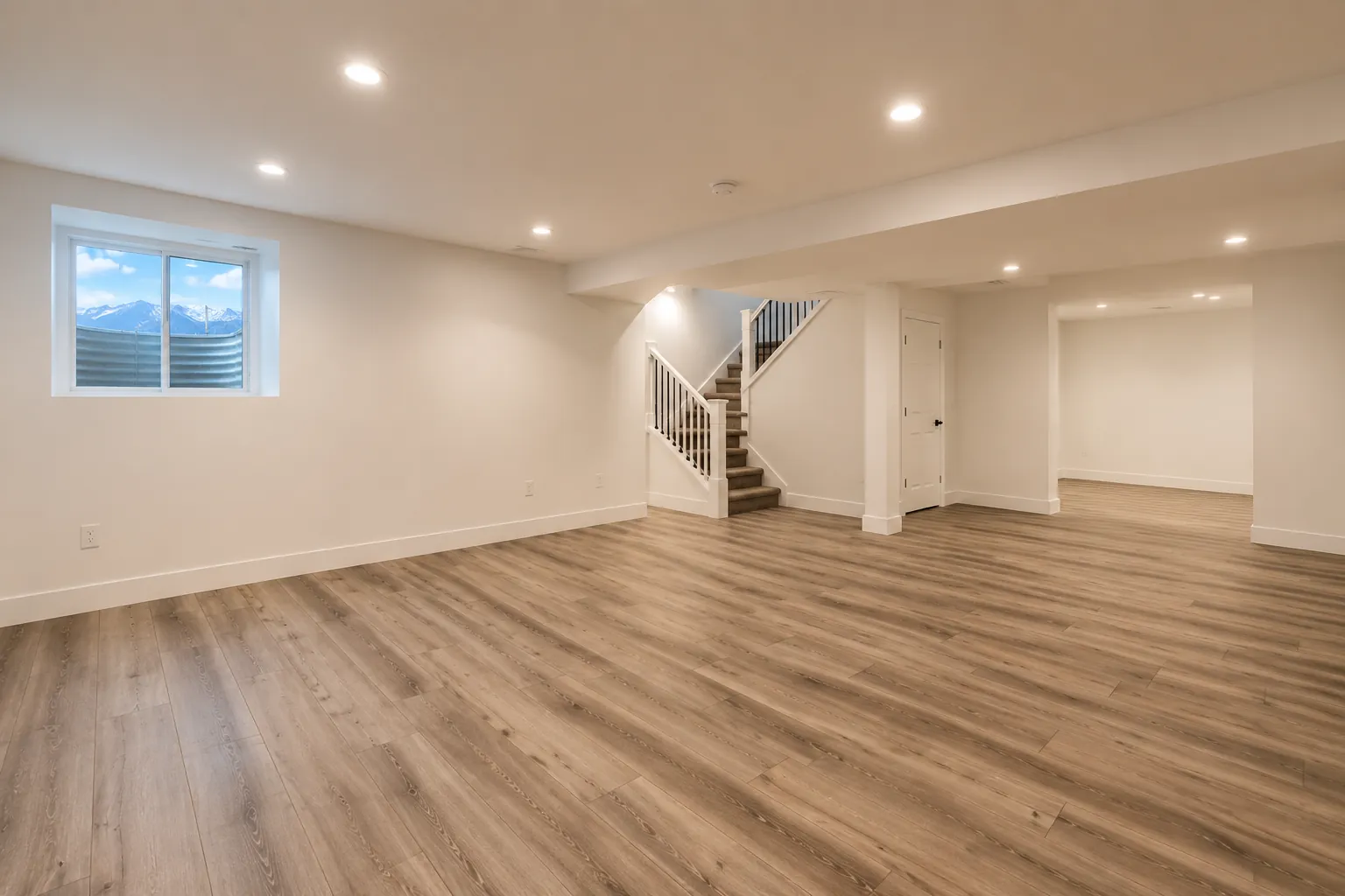 Freshly finished open basement in Utah with luxury vinyl plank flooring, white painted walls, recessed lighting, and Wasatch mountain view through egress window