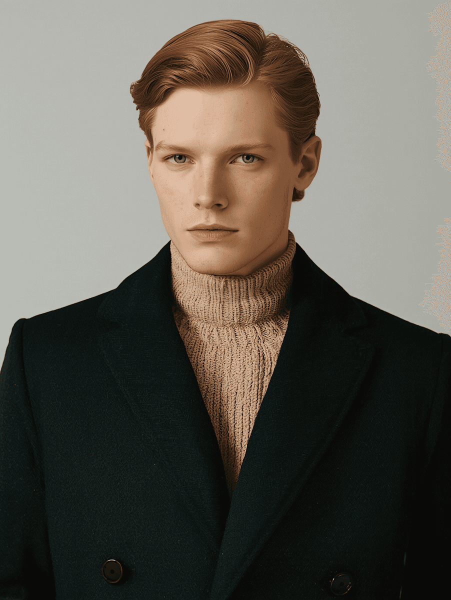 A person with blond hair wears a dark coat and a beige turtleneck sweater. They have a calm expression, against a neutral background.