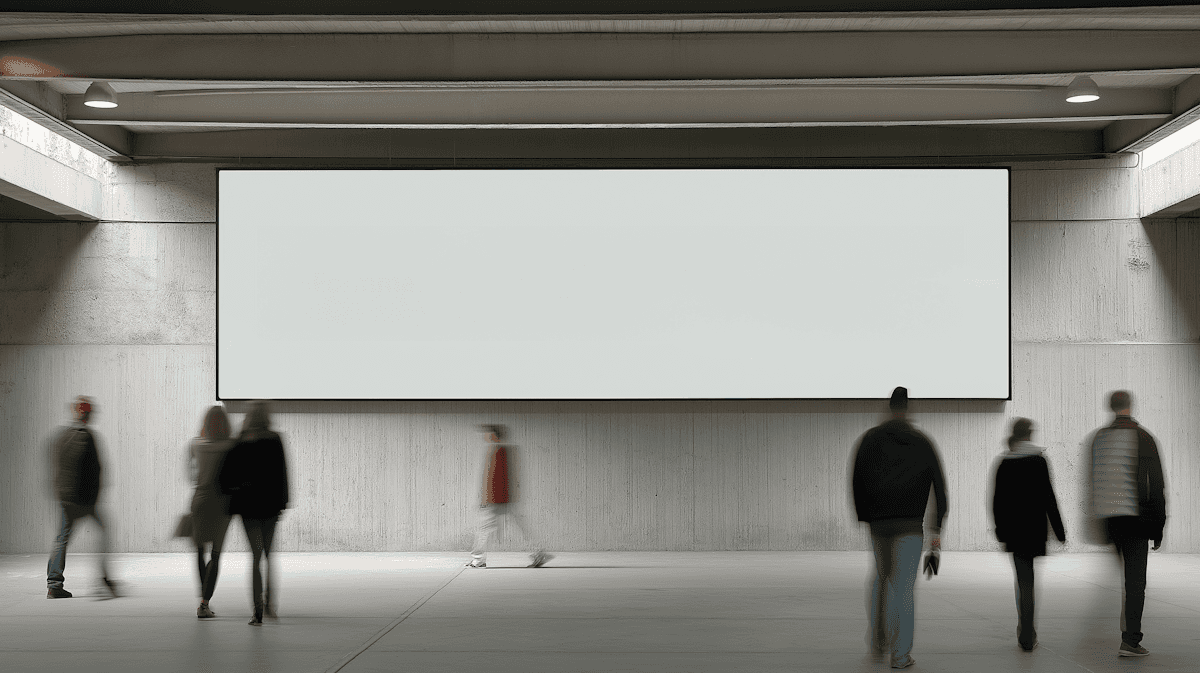 A blank white billboard in an urban setting with people walking by, creating a modern and minimalistic atmosphere.