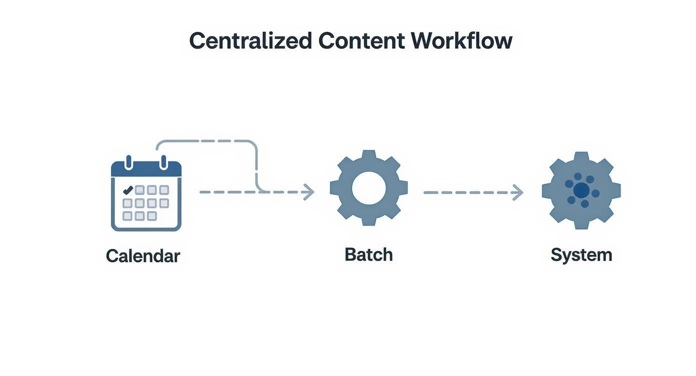 A diagram illustrating a centralized content workflow from a calendar, through batch processing, to a target system.