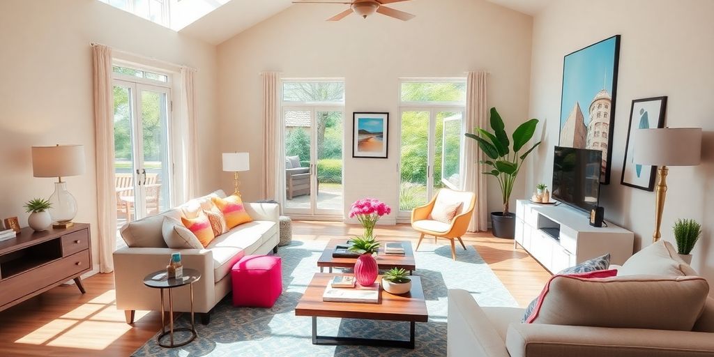 Brightly staged living room with modern furniture and decor.