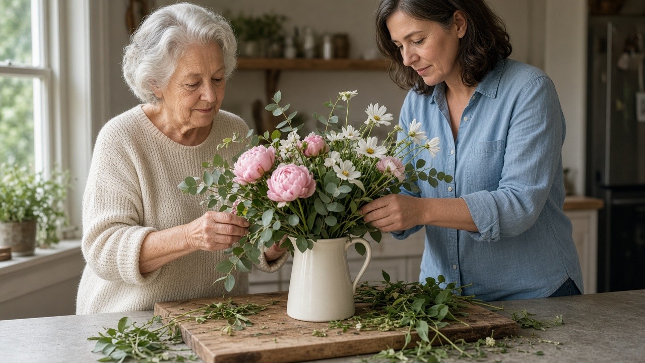 The image depicts two women, one elderly and one middle-aged, engaged in an in-home cognitive therapeutic activity by arranging flowers together. They are working with a variety of flowers including pink peonies and white daisies, placing them into a white ceramic pitcher on a wooden cutting board in a well-lit kitchen environment. This scene represents a hands-on therapeutic method aimed at stimulating cognitive function, enhancing motor skills, and fostering social interaction in a comfortable home setting.
