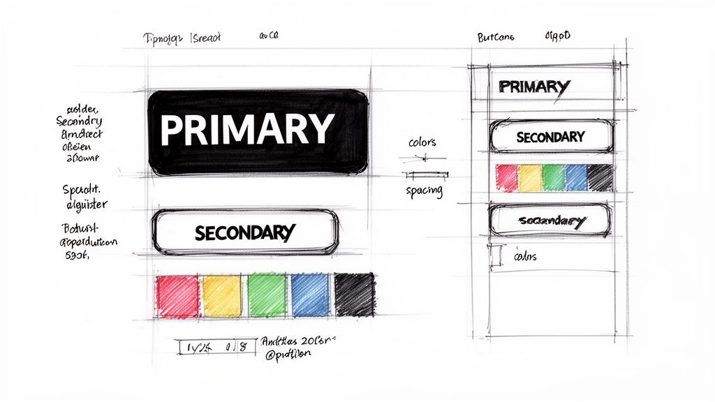 A hand-drawn sketch illustrating UI design elements, including primary and secondary buttons, color palettes, and typography notes.