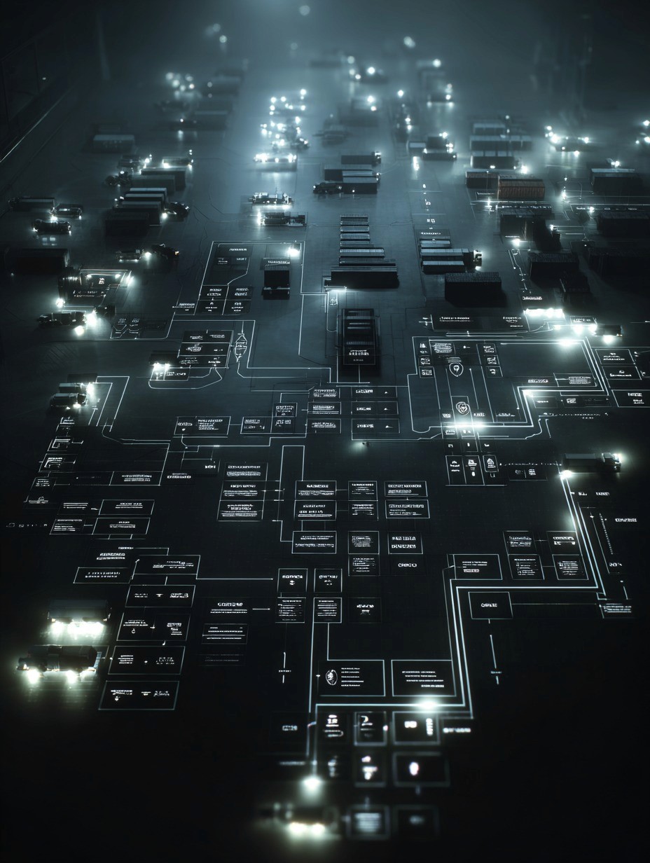 A dark, top-down logistics scene with trucks, trailers, and stacked freight laid out across a glowing network of connected pathways and interface blocks, suggesting a 3PL or fulfillment network orchestrating warehouse and transport operations.