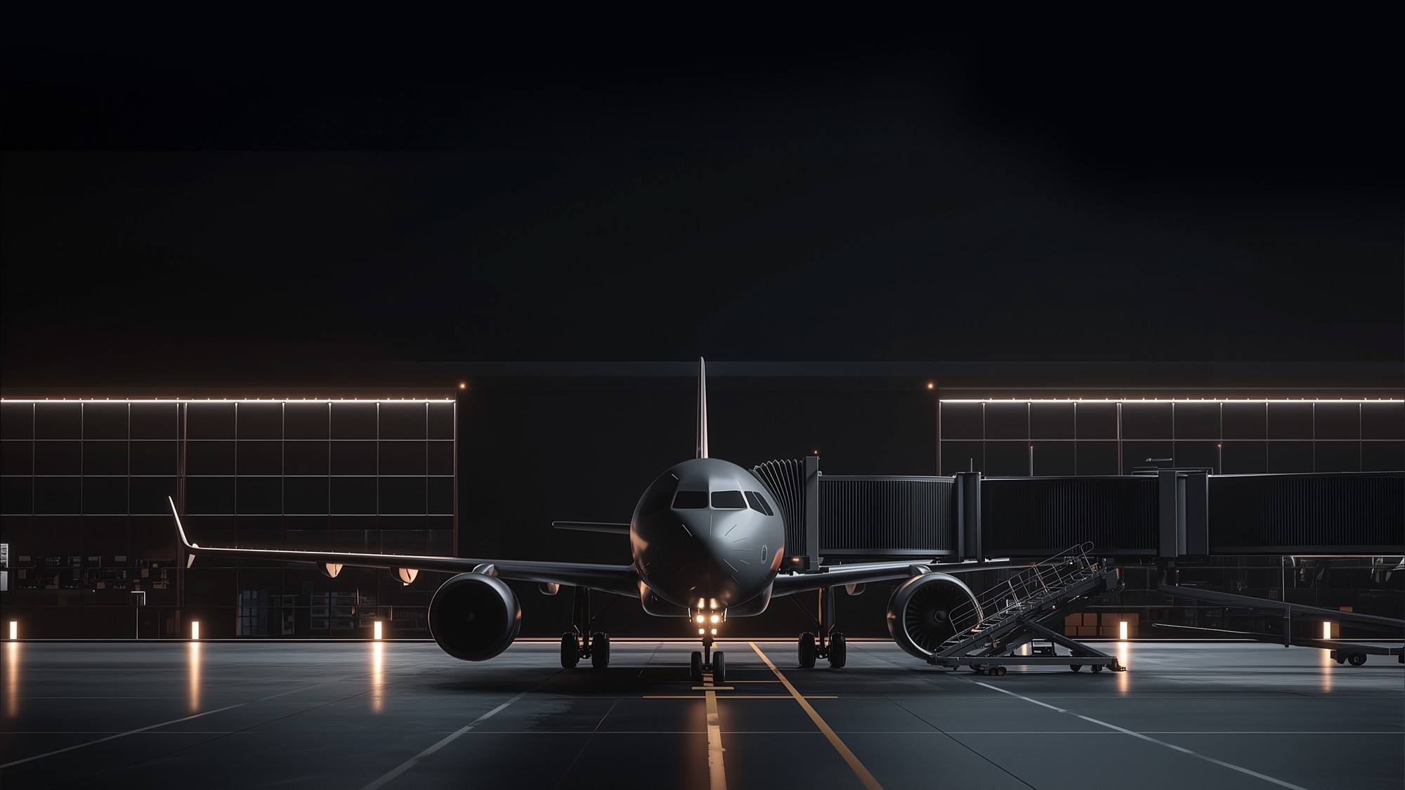 Plane on tarmac at night with a jet bridge attached