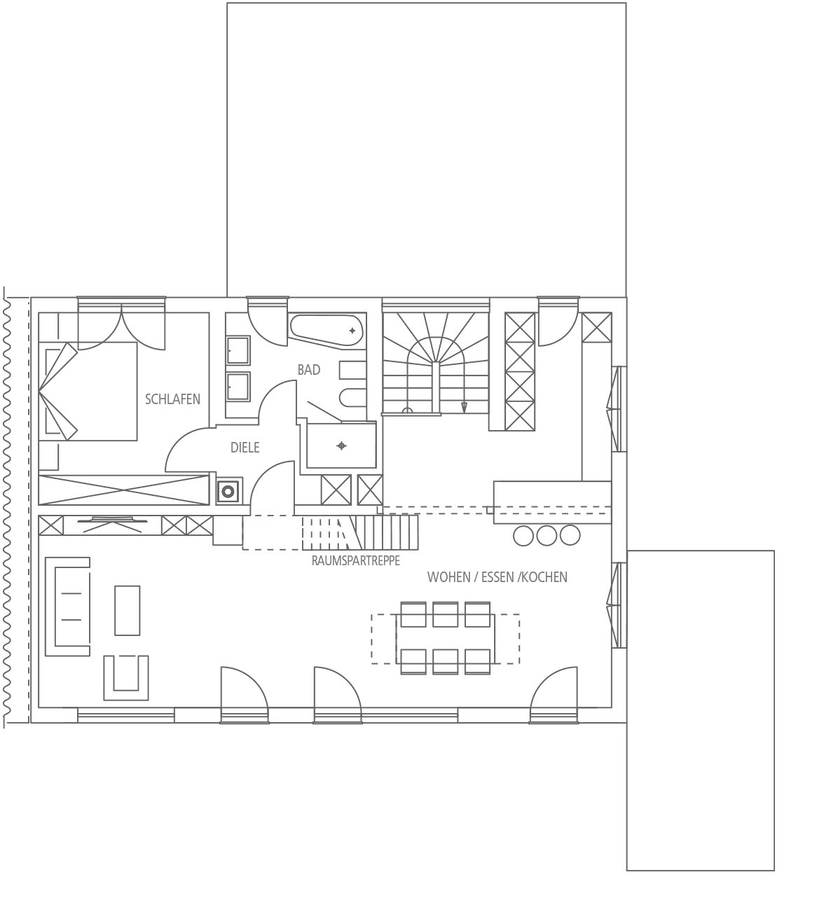 Grundriss eines Wohnhauses mit Schlafzimmer, Bad, Diele, Wohn-/Ess-/Kochbereich und einer Raumspartreppe.