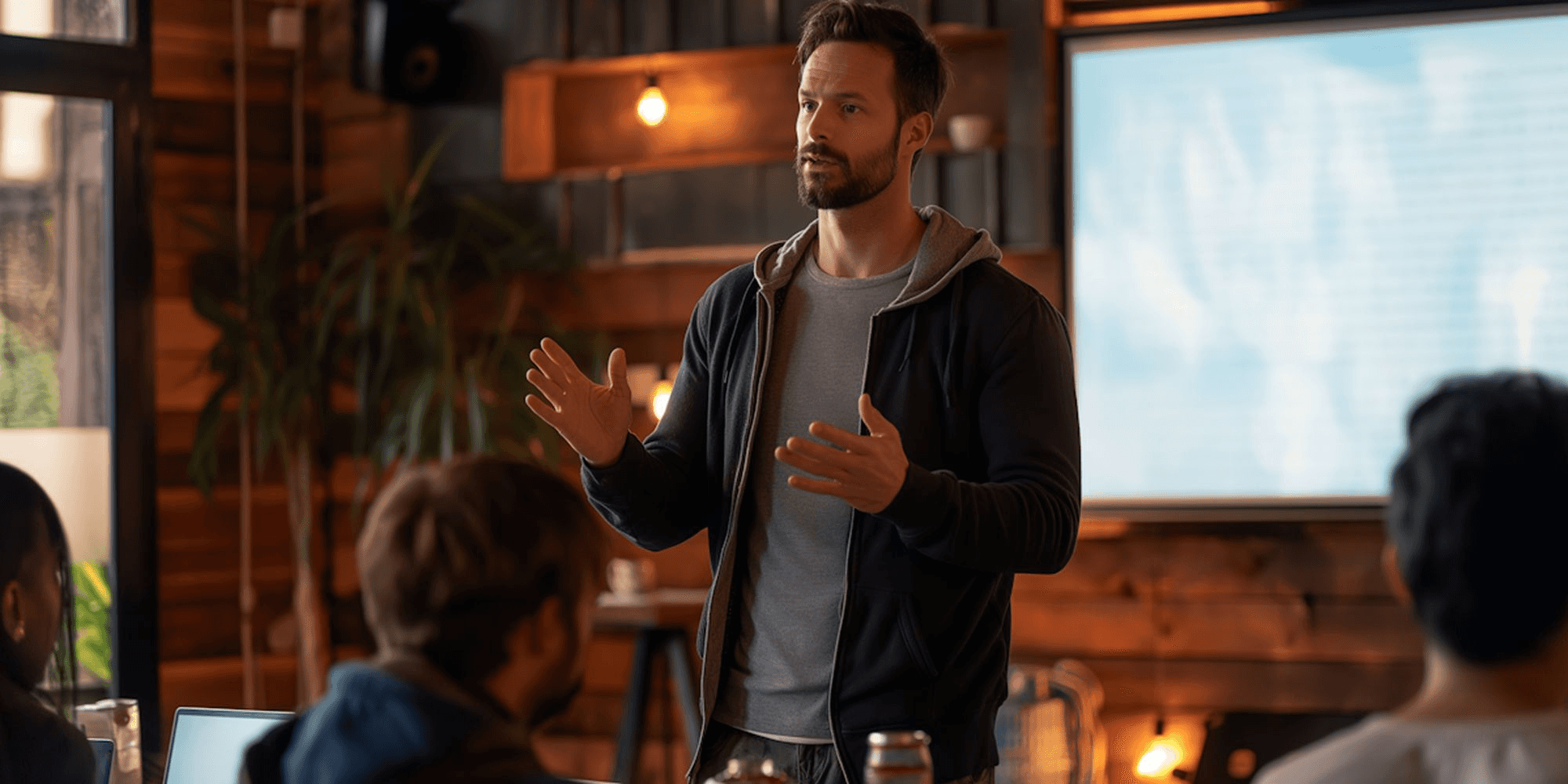 A man in casual attire presents to a group in a cozy, wooden-themed conference room with a large screen in the background.