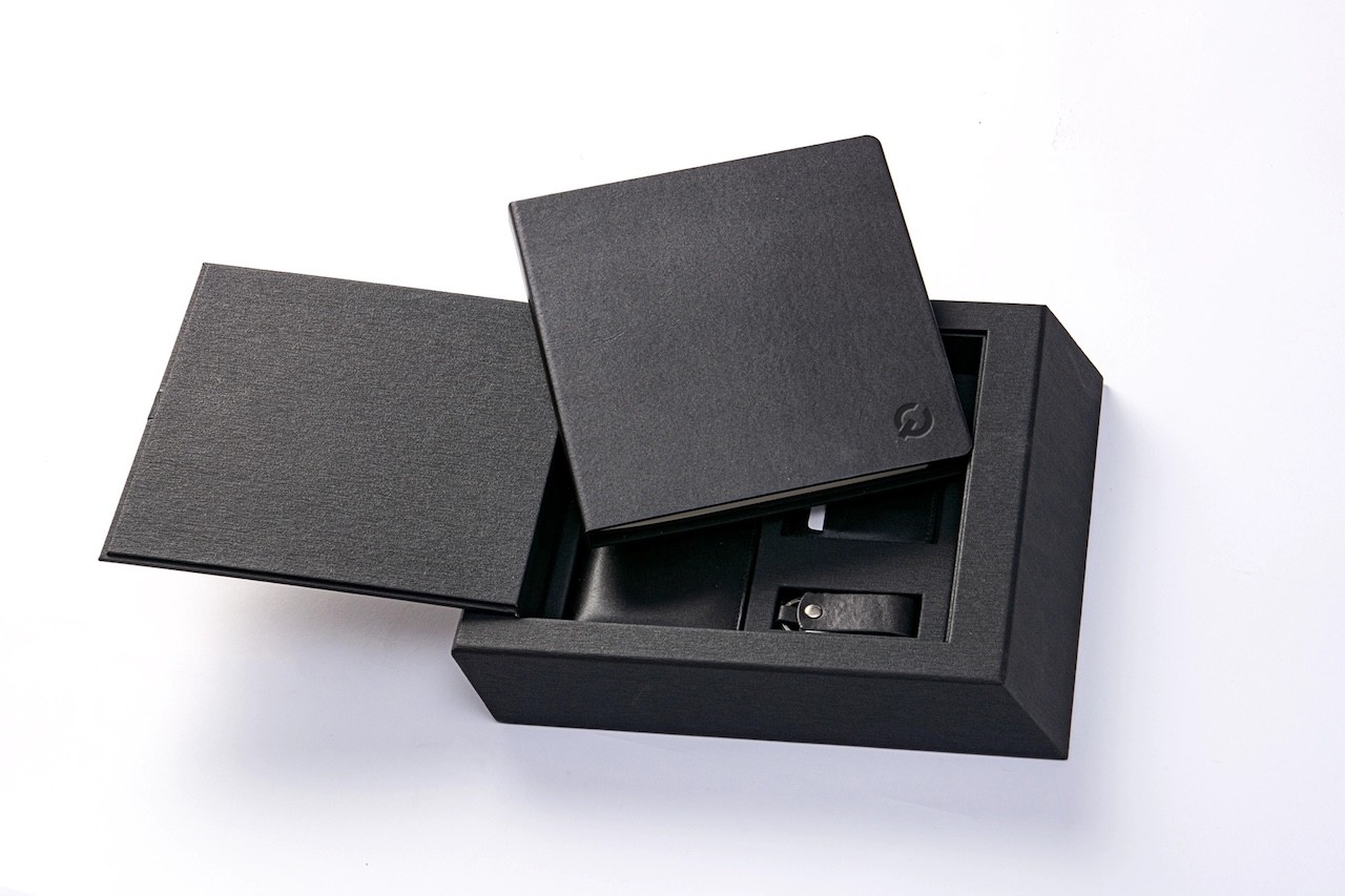 Trapezoid magnetic leather executive gift set with journal and wallet