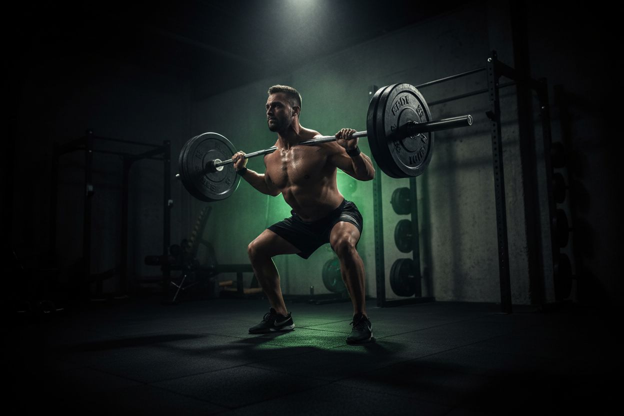 Heavy barbell squat in a gym