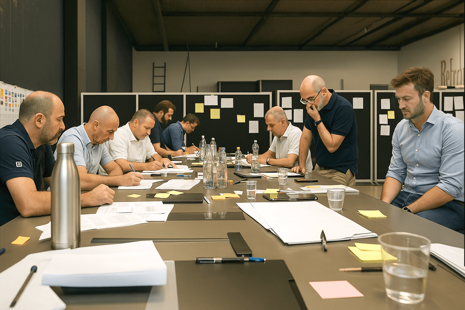 Workshop operativo con team tecnico e manager impegnati in un’attività di analisi decisionale