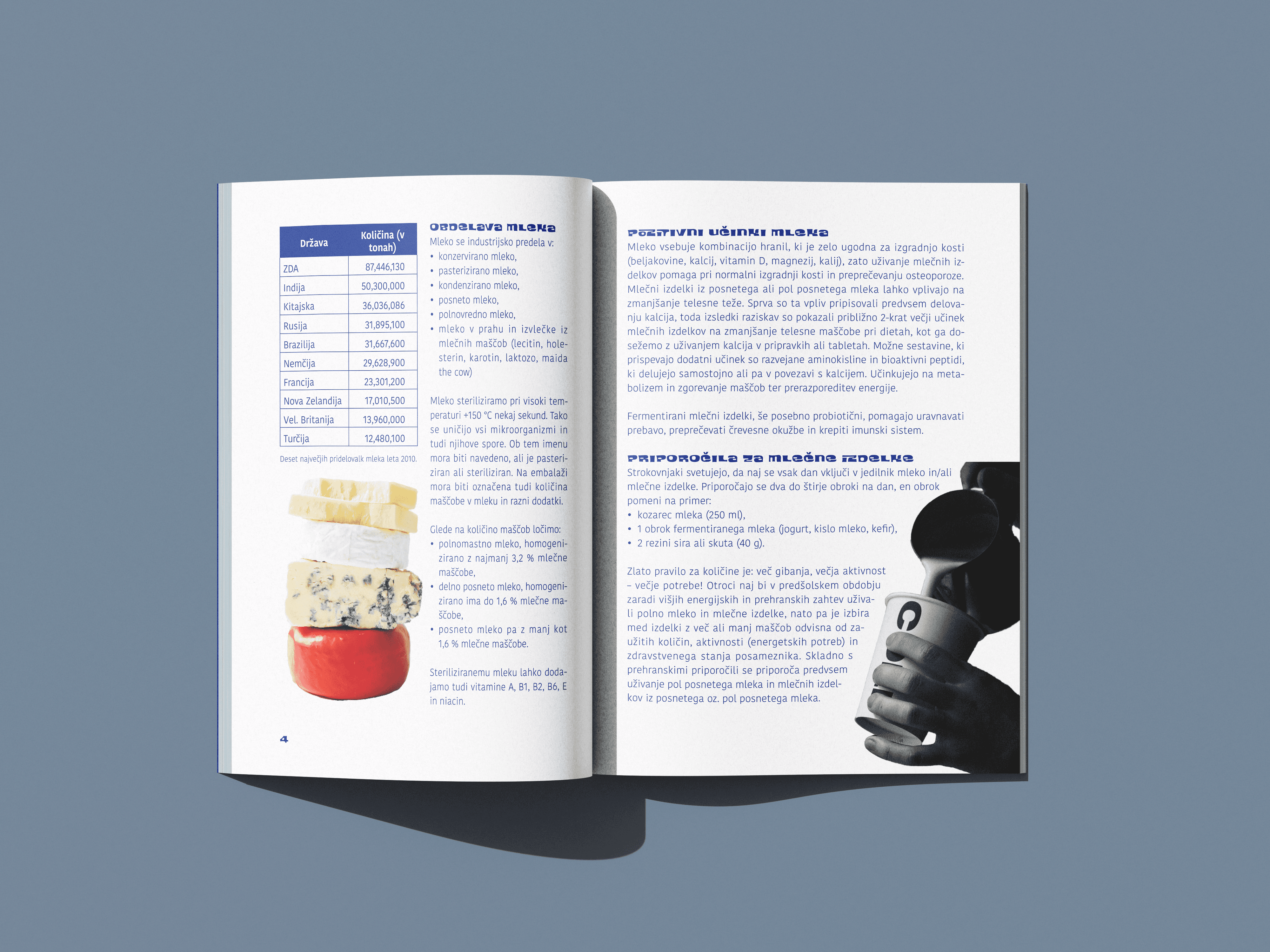 Brochure spread with a cheese stack and a table of the world's top milk producers.