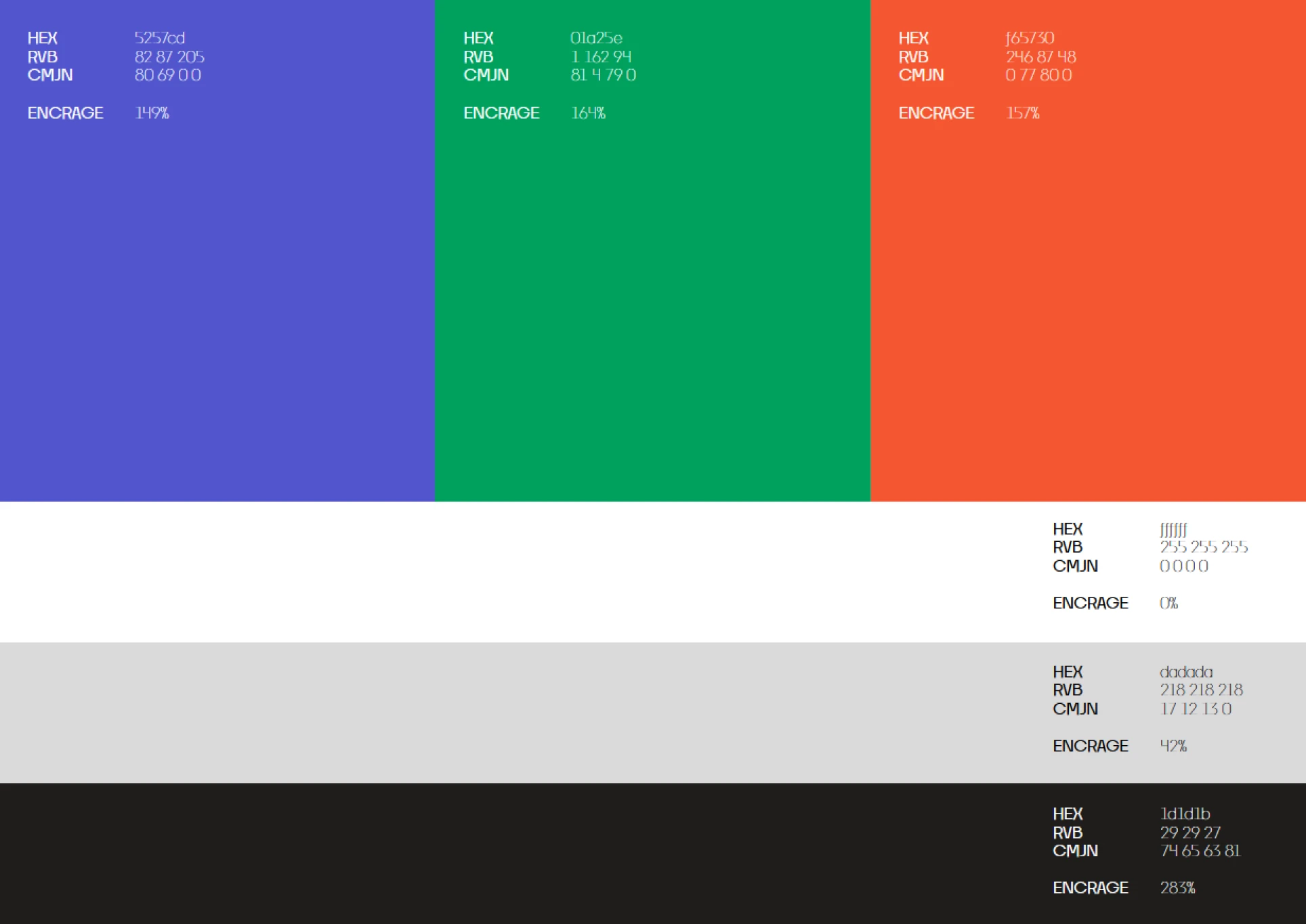 Nuancier de la charte graphique : bleu cobalt, vert intense, orange néon, gris et noir avec références RVB et CMJN.